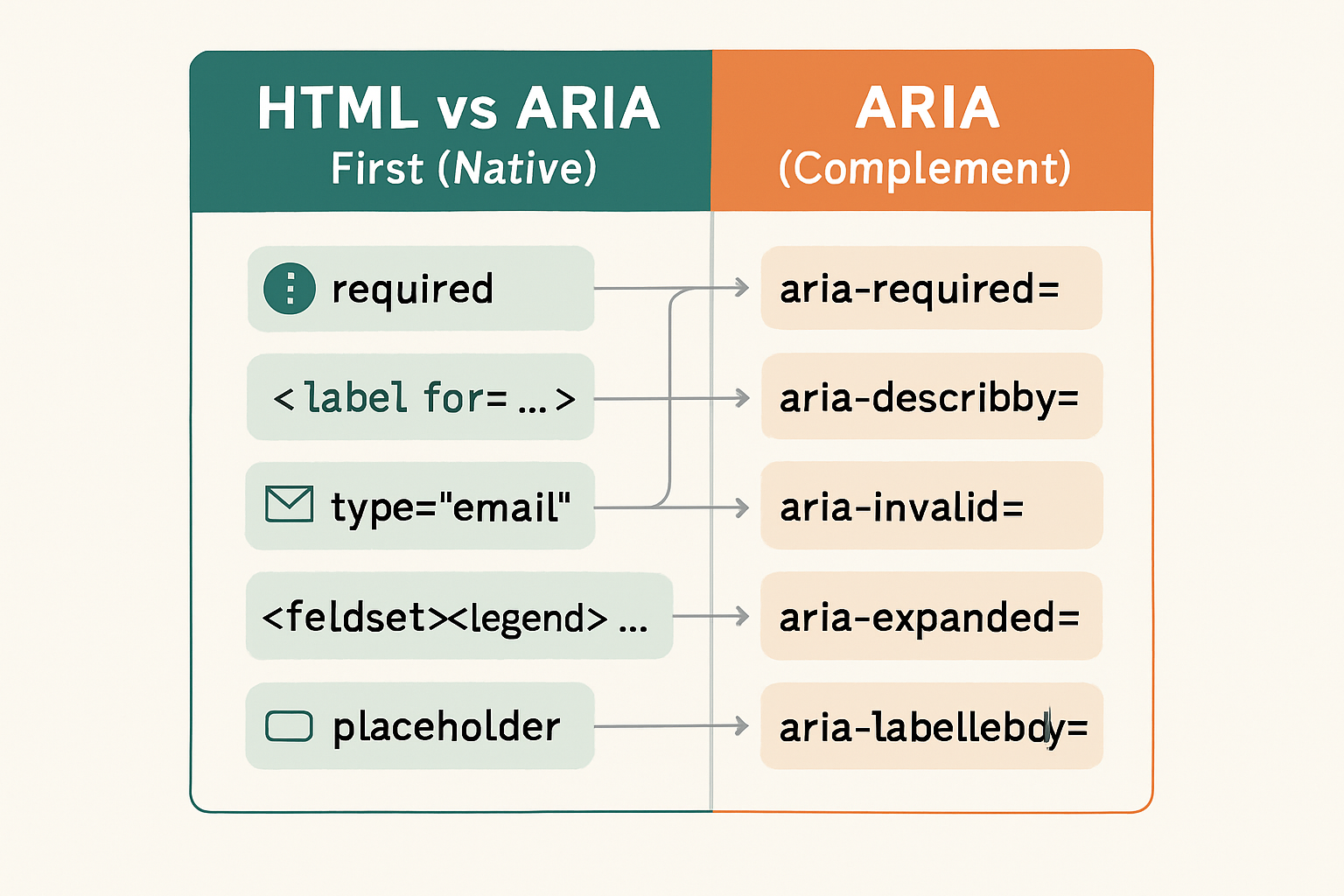 Schéma comparatif montrant HTML First (Natif) à gauche avec les attributs required, label for, type=email, fieldset/legend, placeholder, et ARIA (Complément) à droite avec aria-required, aria-describedby, aria-invalid, aria-expanded, aria-labelledby